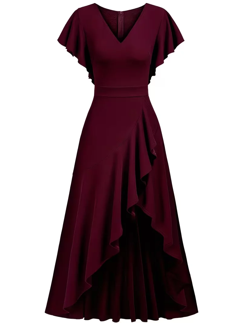 Damen Sexy Tiefer V-Ausschnitt Lotusblatt-Ärmel Sommer Einfarbiges Cocktail-Party-Kleid mit Unregelmäßigem Rüschensaum – Detail 18