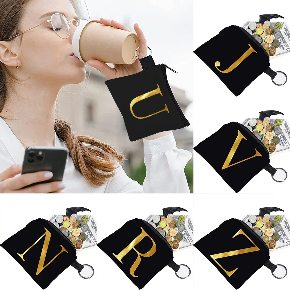

Purse Unisex Coin Bag Earplugs Key Storage Bag Small Object Ring Buckle Zipper Black Canvas Letter Print Pattern Series