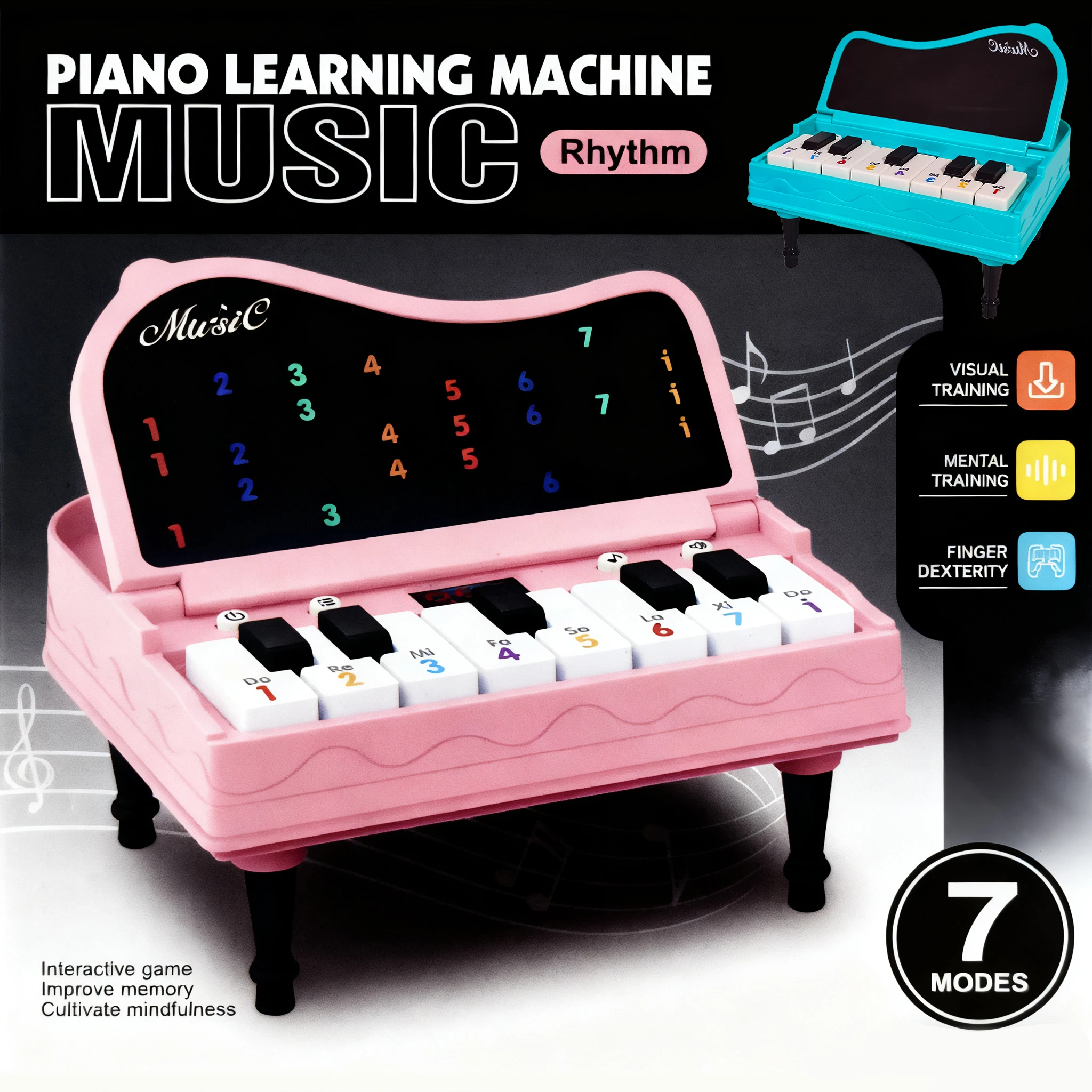 بيانو محمول بحجم راحة اليد، خياران من الألوان، سبعة أوضاع، حجم قابل للتعديل، تأثيرات الصوت والضوء هدية مناسبة