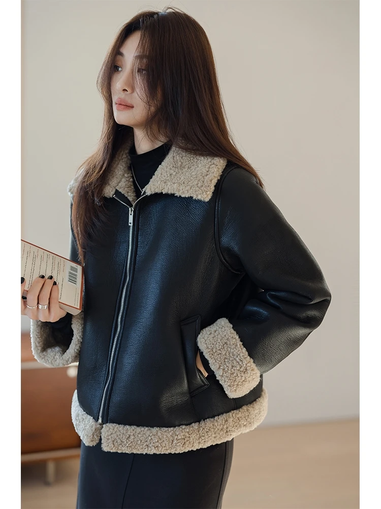 

Женская зимняя куртка из натуральной овчины Bla ort Fur Leather Jaet 2026, мотоциклетная куртка-косуха из меха ягненка, верхняя одежда для женщин