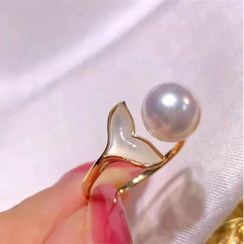 Natural Pearl Ring Fish Born with You 7-8mm Basic Perfect Round Flawless Glossy Fashionable Versatile Cute Fresh Style