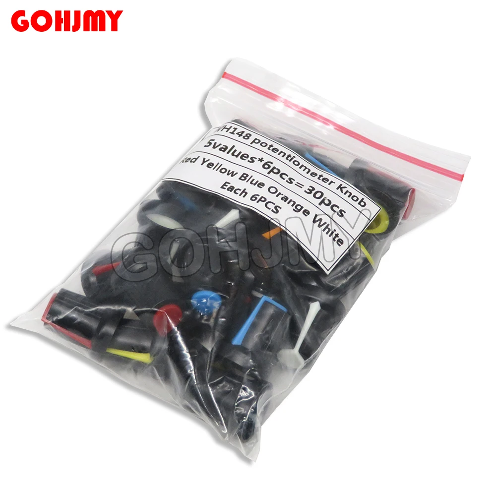 30PCS/lot potentiometer knobs 15X17mm 6mm WH148 potentiometer B10K color knob cap Yellow Orange Blue White Red 5value*6PCS=30PCS