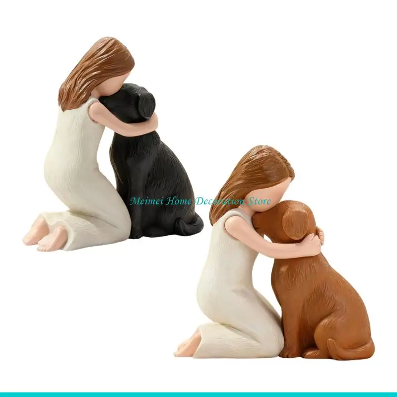 H7BF Unique Girl Embracing Dog Miniature Sculpture Detailed Resin Ornament Home Accent for Dog Enthusiasts Gift Giving
