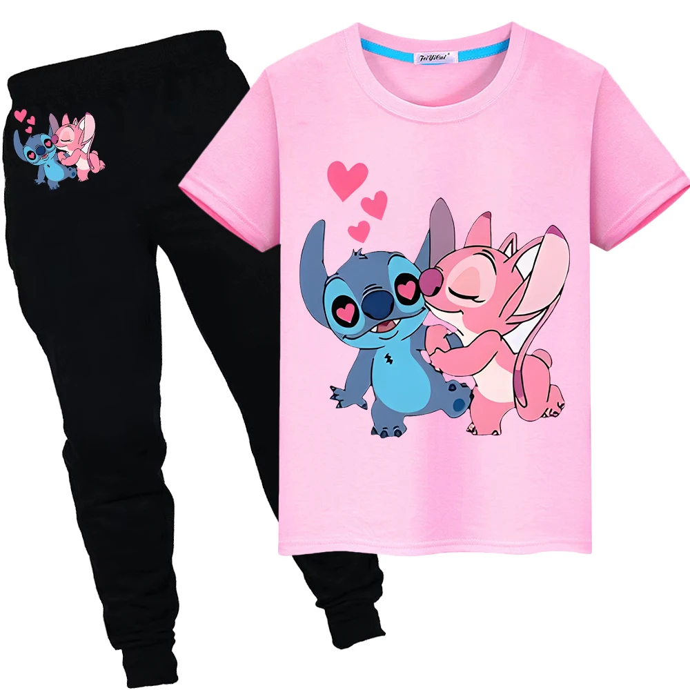 kid holiday gift Stitch Disney Print 100%Cotton T-shirt Summer Sports suit boys girls Cute Tshirts Kawaii Tees disney Short+pant