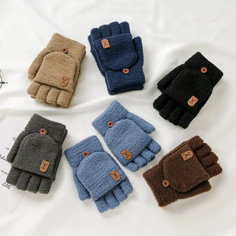 Men's Winter Gloves Flip-Top Jacquard Knitted Thick Mittens Warm Windproof Half-Finger Korean-Style Writing Office Gloves