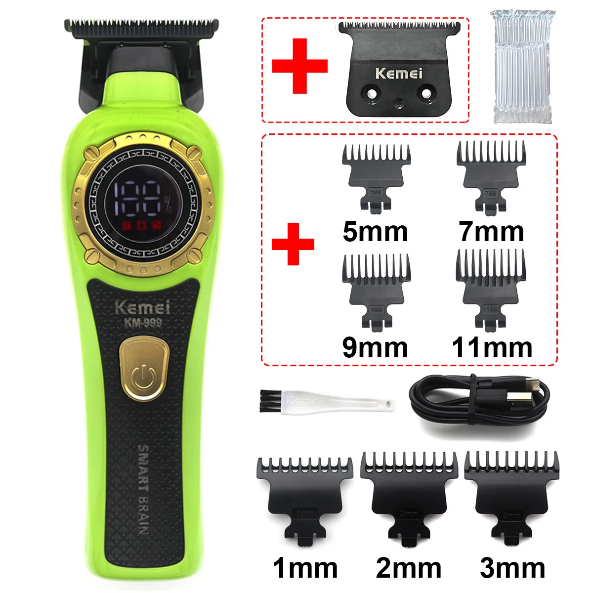 Kemei KM-999 Haarschneider für Männer, DLC T-Blade Zero Gapped LED-Anzeige, kabellose USB-Profi-Haarschneidemaschine, Finishing-Maschine