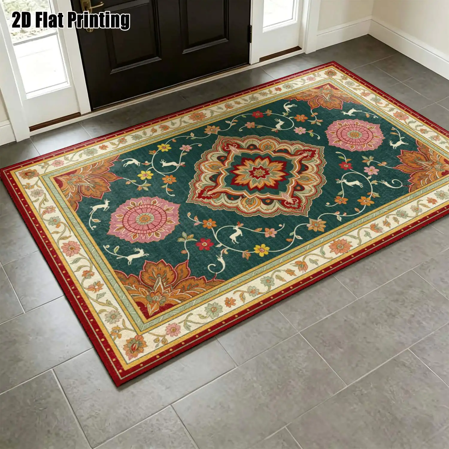 1Pc 2D Printed Retro Ethnic Floral & Animal Pattern Carpets: European, Bohemian Style, Home Decor, Multi-Size, Machine Washable, for Entrance, Dining, Foyer, Bedroom, Study, Living Room