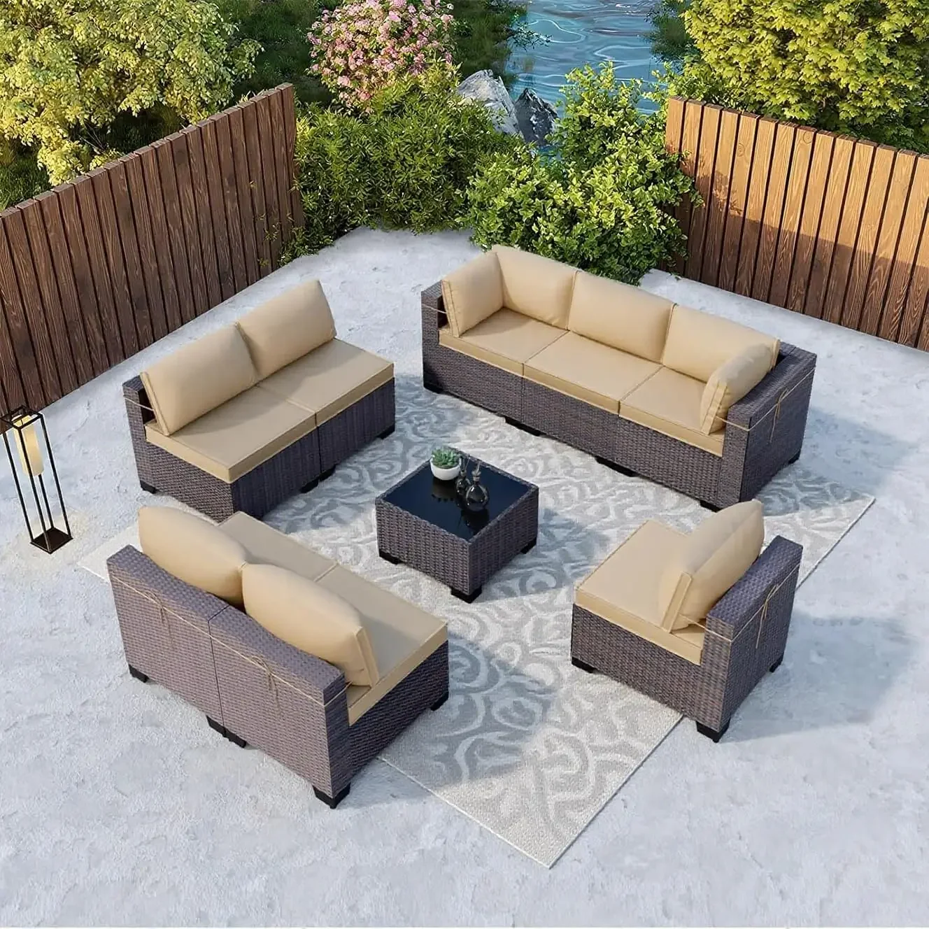9 Pieces Outdoor Patio Furniture Set,Outdoor Sectional Rattan Sofa Set Brown PE Rattan Wicker Patio Conversation Set with Temper