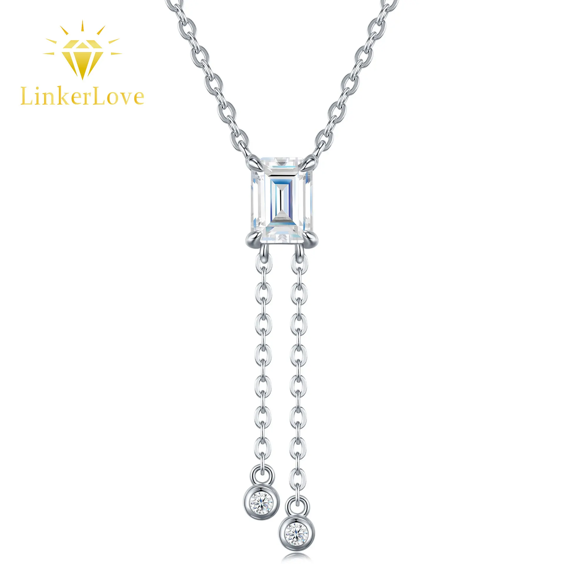 

Колье-подвеска LinkerLove из серебра S925 с муассанитом изумрудной огранки для женщин, с покрытием из белого золота, Y-образное колье-лариат, изысканные ювелирные украшения для вечеринок