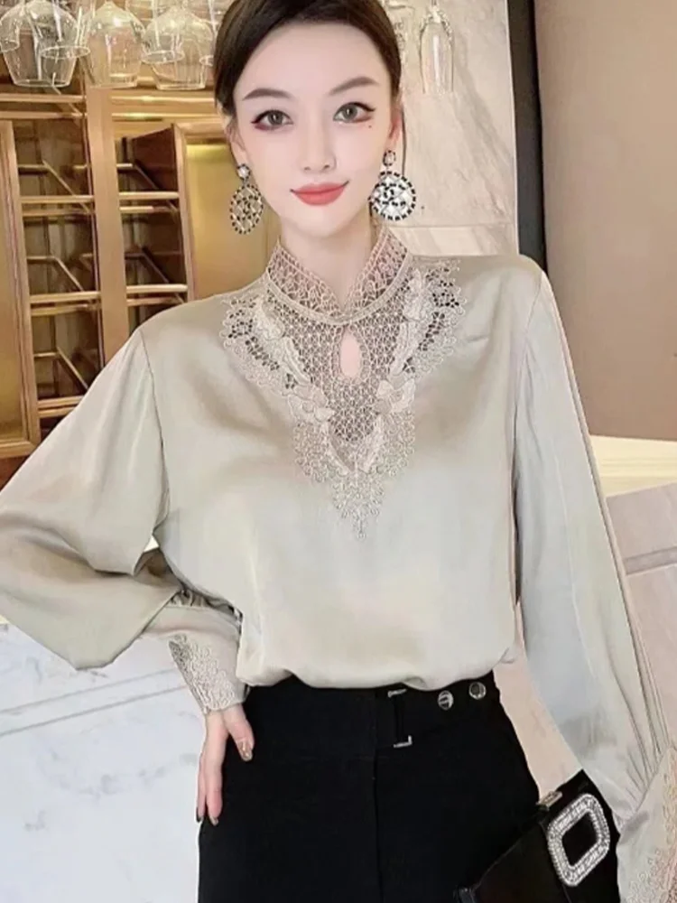 

Ele Lace Long Sve Stand Collar Slim Fit Top Faionable Agel Design Unique Hollow out Sle for Autumn 2025