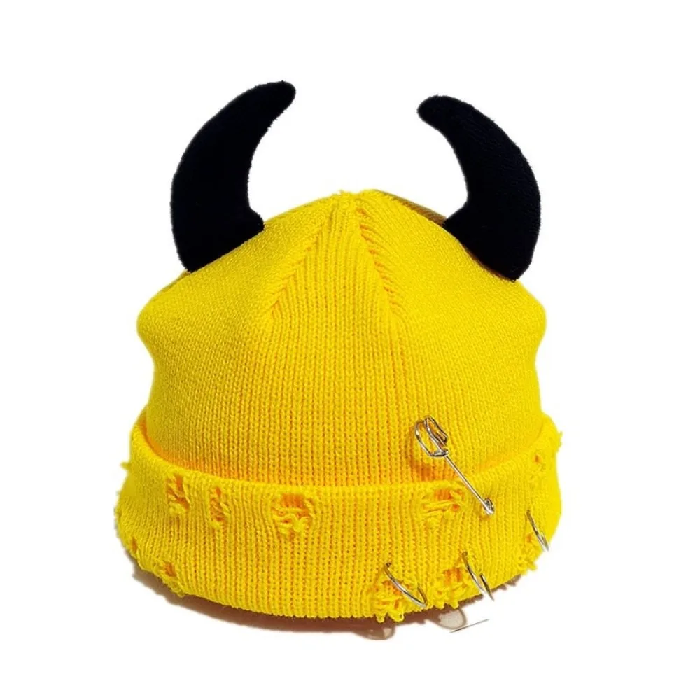 Punk Yarn Devil Horns Hat Distressed Adjustable Winter Pullover Cap Solid Color Warm Knitted Beanie Outdoor