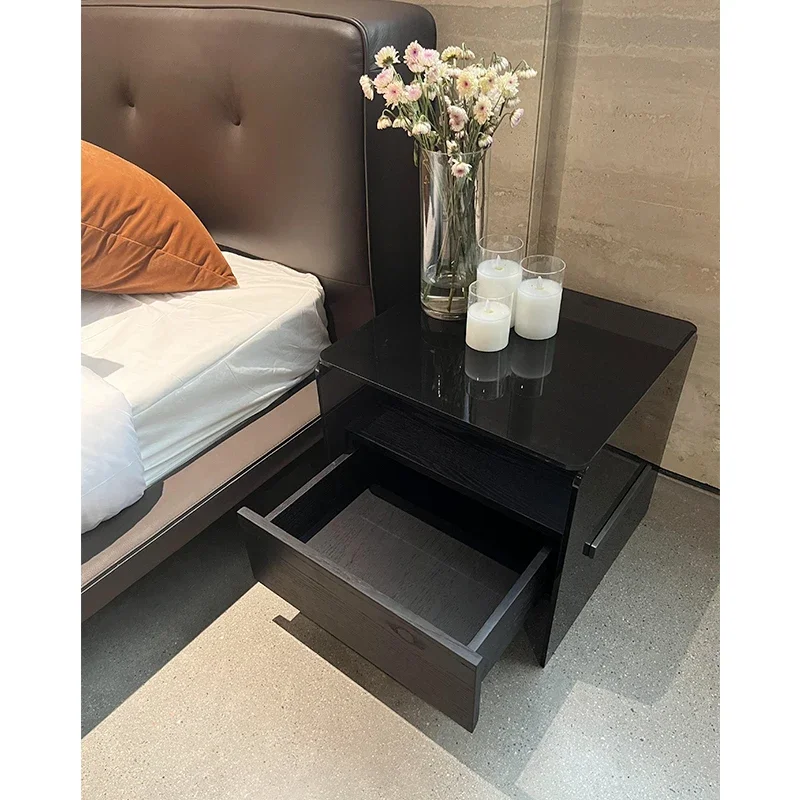 

For Stainless steel titanium drawer luxury glossy mirror storage furniture black bedside table nightstand