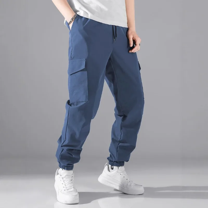Men Multi Pocket Twill Cargo Pants Solid Color Trendy Drawstring Jogger Casual Trousers