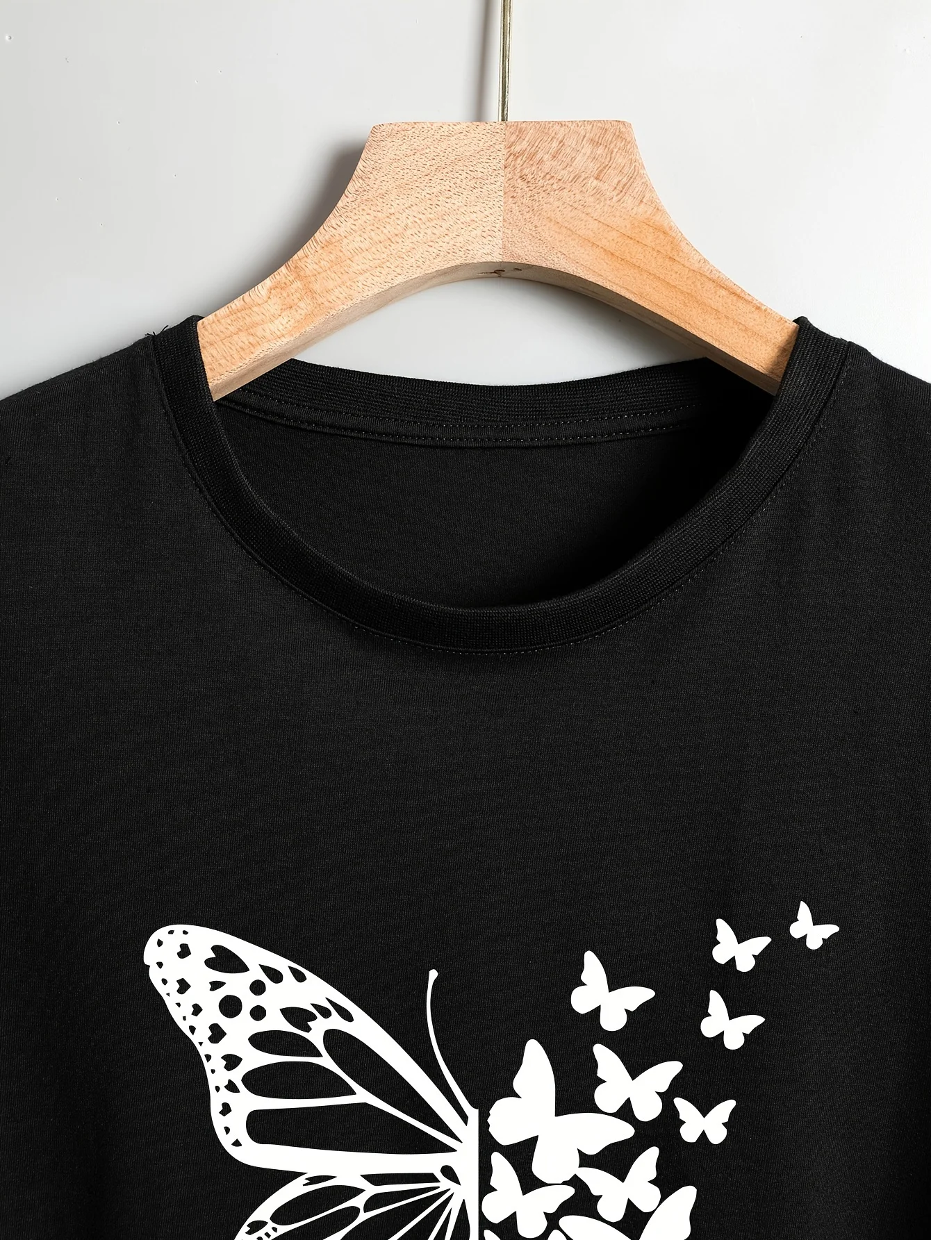 Short Sleeve Butterfly Print Crew Neck Crop Top - Soft  Blend Micro Elasticity Semi-Sheer Sexy Style - Perfect for Spring