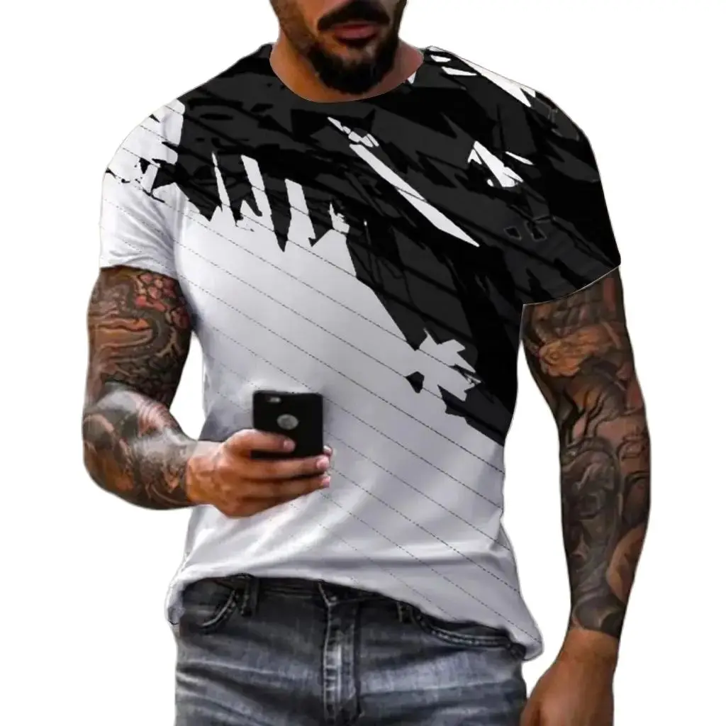 Summer men's striped render T-shirt 3D printed street personality casual O collar short sleeve loose fashion plus size top