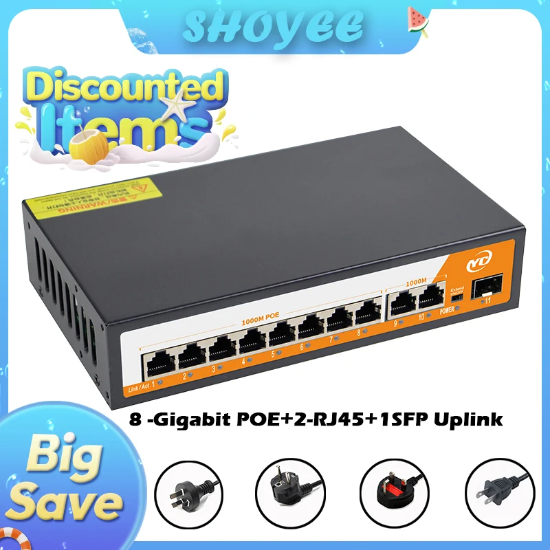 

11-портовый гигабитный Ethernet-коммутатор POE RJ45 SPF с невимужным подключением 802.3af/at Plug and Play, для IP-камеры/NVR