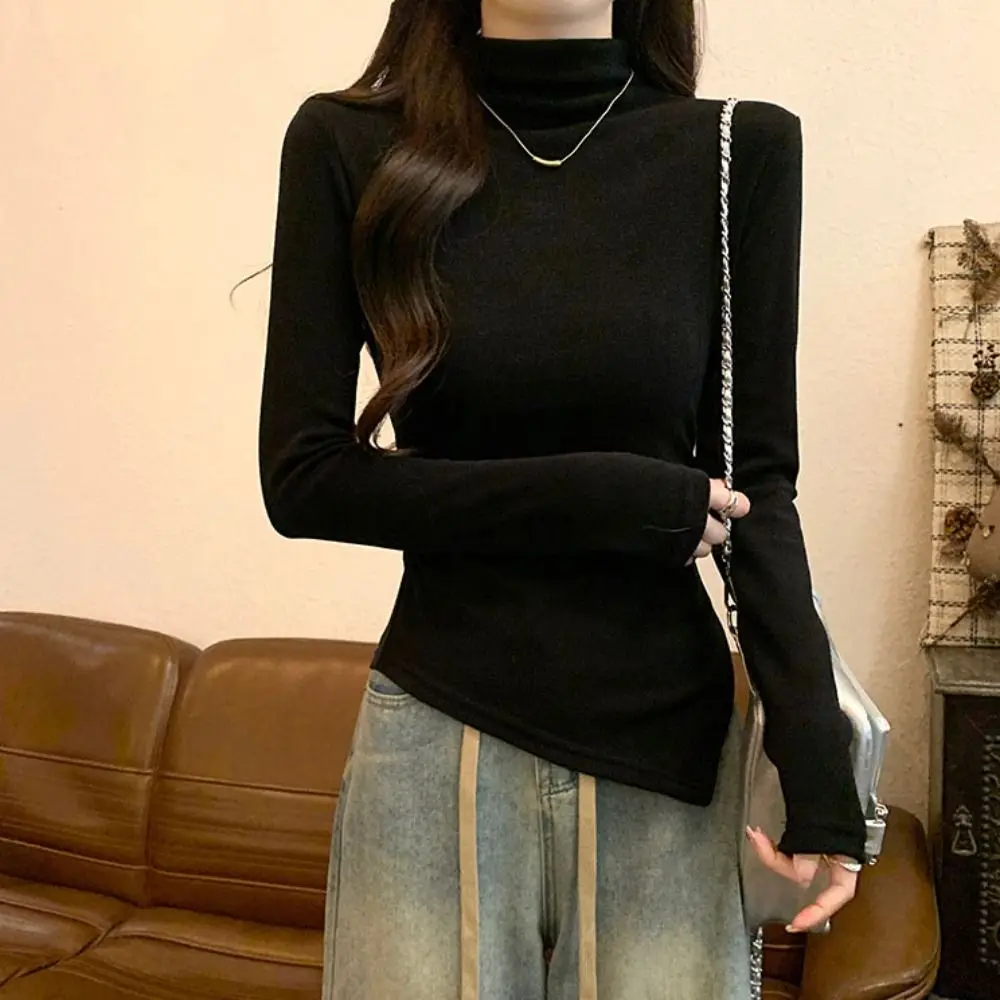 

Fashion Irregular Long Sleeve T-shirt Half High Collar Chic Slim Thin Pullover Undershirt Simple Crop Top Women Y2k Female