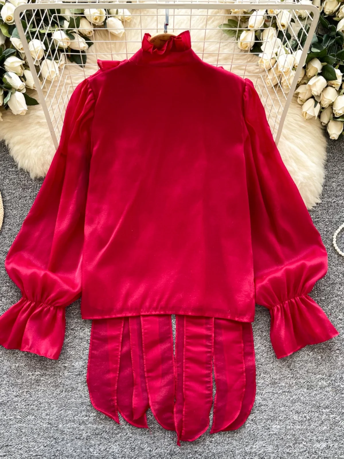 

Ele Long Sve Женский irt с кружевным дизайном Sa 3D Faionable Spring Commute Sle Корейский свободный крой Другой материал