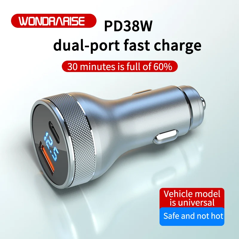 WONDRARISE-Fast Car Charger, Aluminum Alloy, Flame-retardant Display, 38W