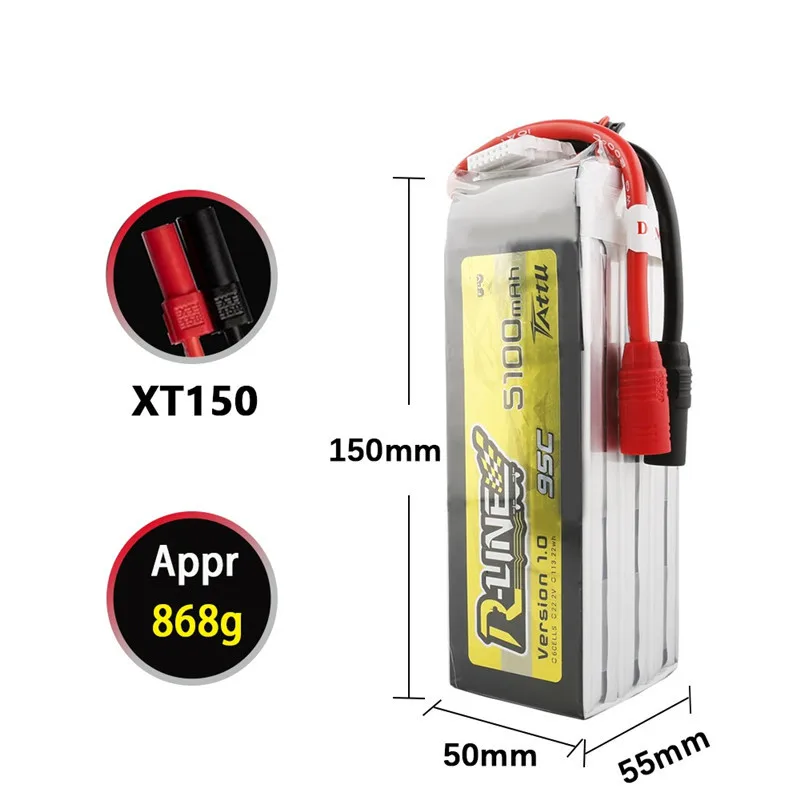 Imagem -02 - Bateria Lipo para Helicóptero rc Quadcopter Fpv Racing Drone Parts com Xt150 Plug Tattu-r-line 1.0 22.2v 5100mah 95c pc Pcs