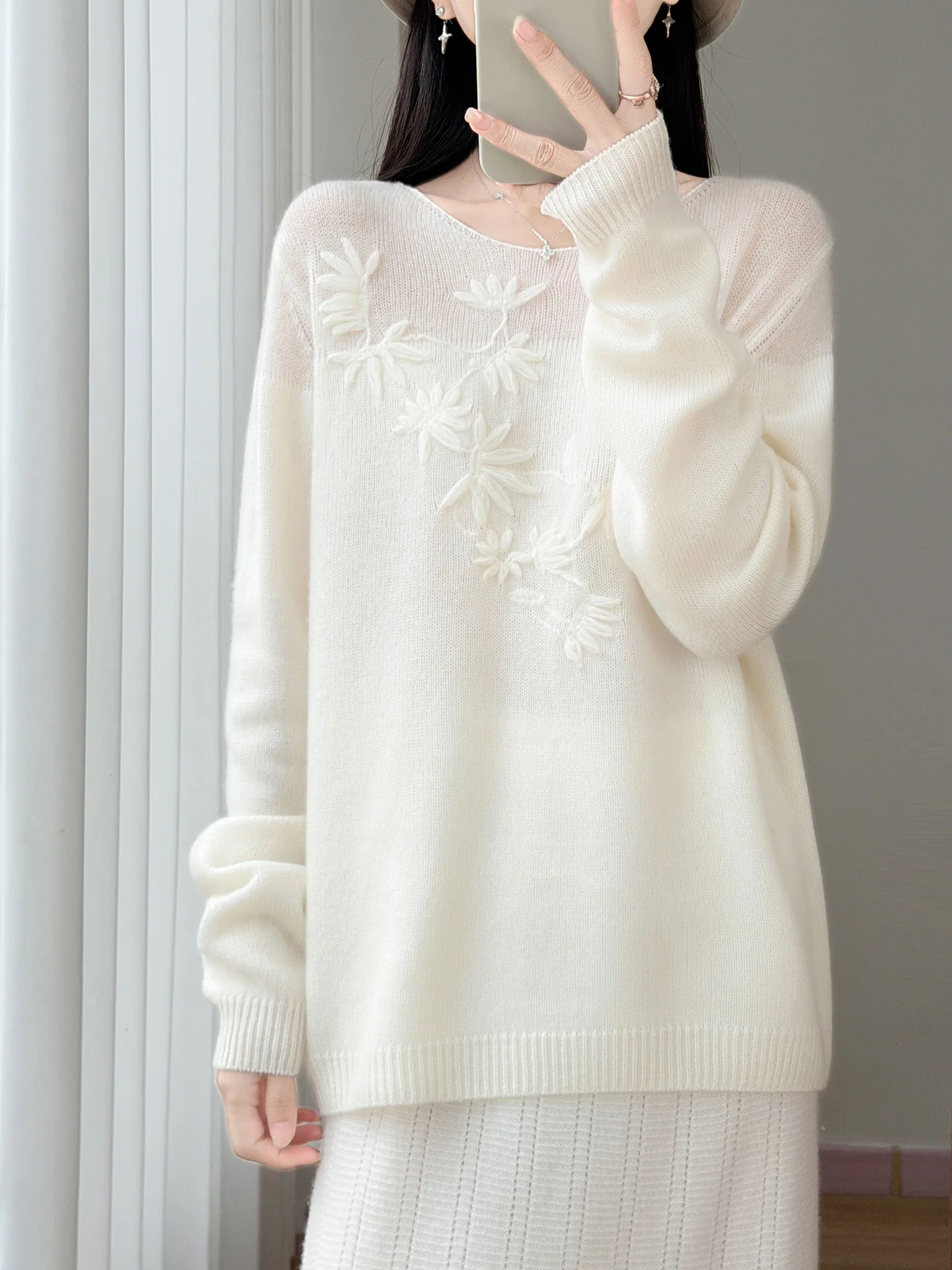 Female 100% Merino Wool Autumn Winter Sweater Boat Neck Pullover Cashmere Knitwear 3D Floral Embroidery Knit  Lightweight Tops