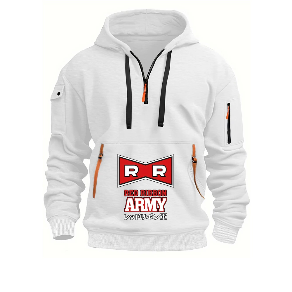 Red Ribbon Army Logo Print Versatile Coat 2026 Spring And Autumn Men's Patchwork Pocket Fashion Half Zipper Drawstring Hoodies