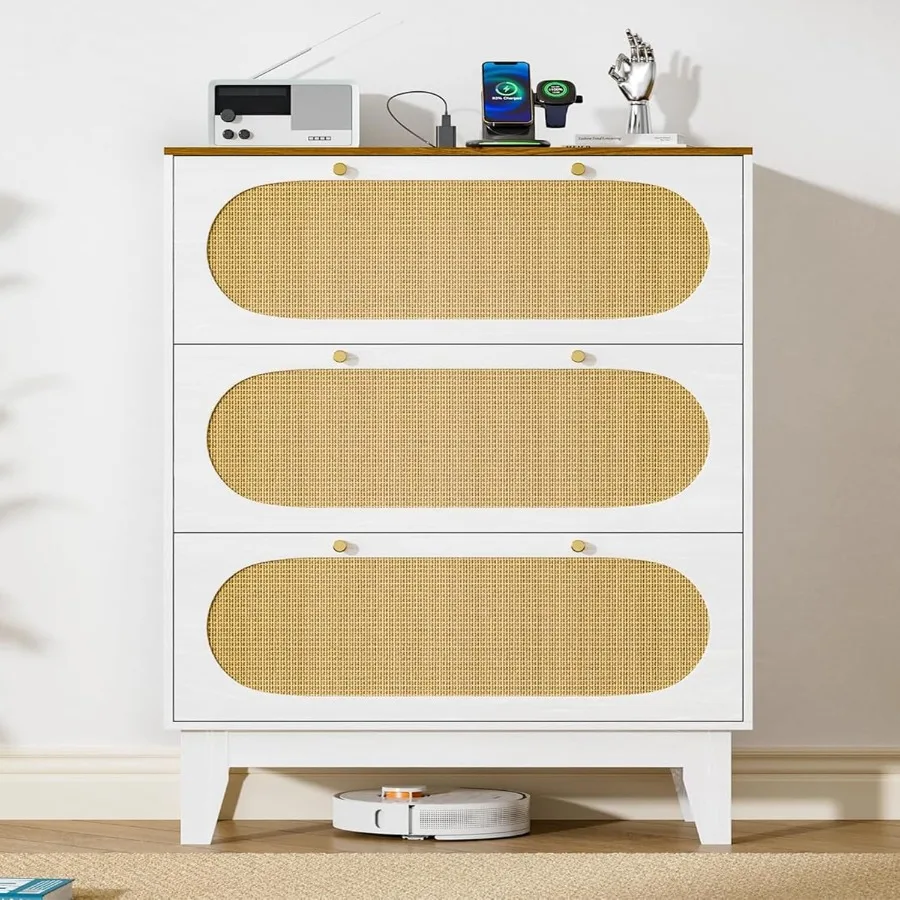 42.5''Hx31.5''W Tall Buffet Sideboard Cabinet with Charging Station Rattan Nightstand with Storage Wide Modern Chest of Drawers