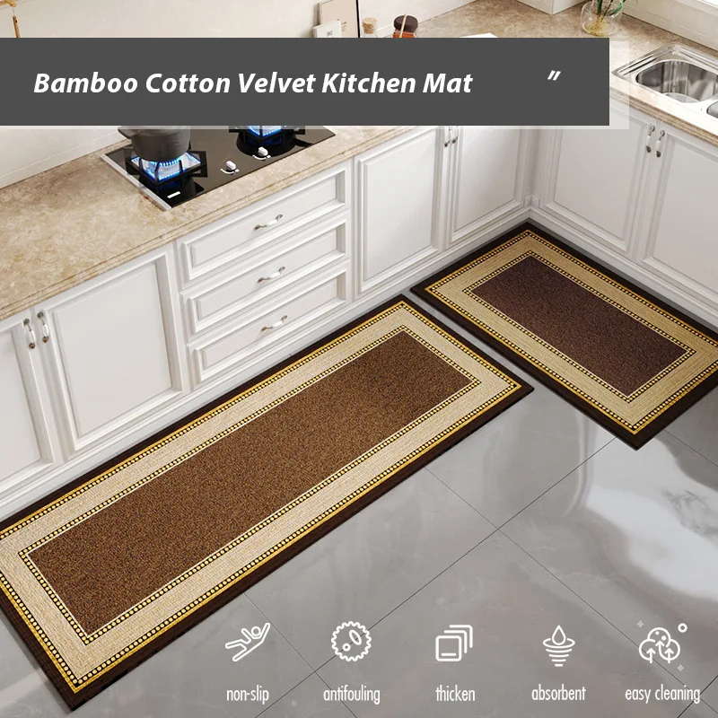 Natural Bamboo Cotton Kitchen Runner Rug - 3-Layer Oil/Water/Dirt Proof | Anti-Slip Backing | Extra Long Washable Floor Mat