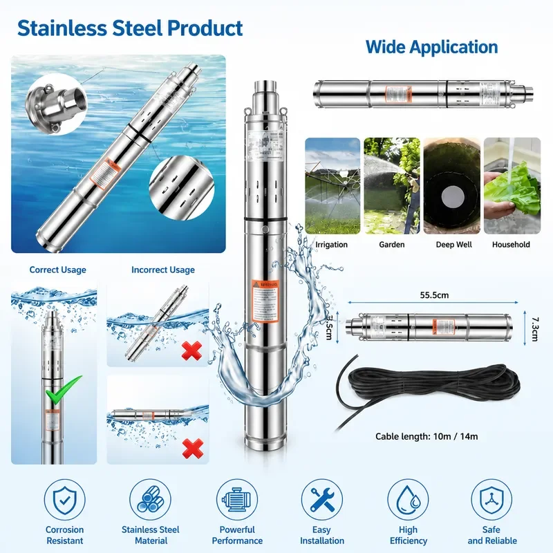 Electric High Head Screw Submersible Well Pump 220V Deep Water Borehole Stainless Steel Solar Compatible Irrigation System view 3