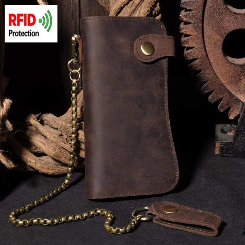 Cartera Vintage con Bloqueo RFID, Cartera de Cuero Genuino Crazy Horse para Hombre con Cadena Antirrobo, Correa para la Muñeca, Tarjetero y Monedero