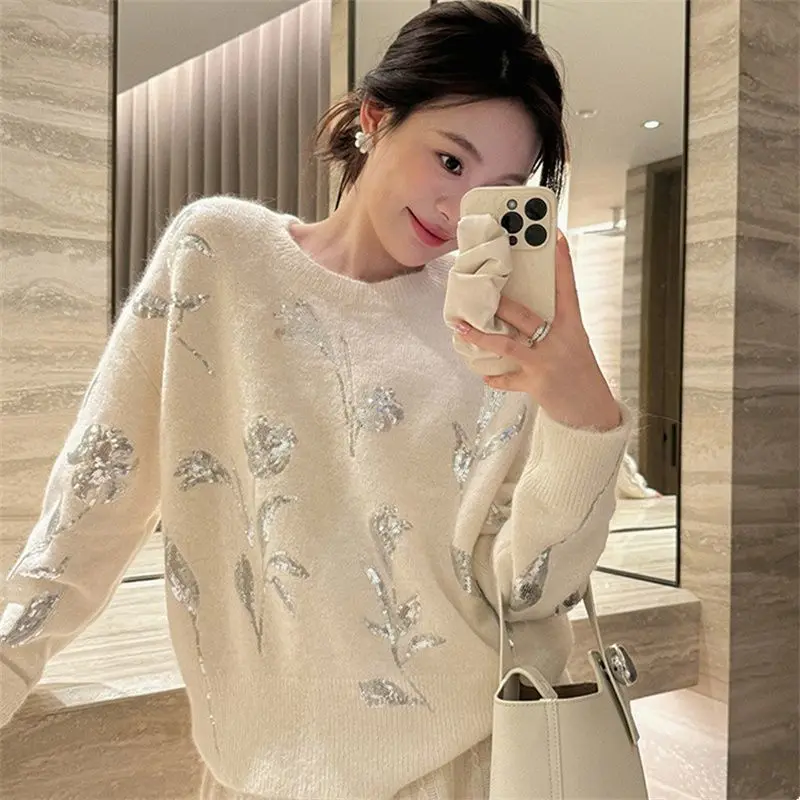 Wenwan Heavy Industry Flower Sequins Embroidery Soft Waxy Temperament Sweater Knitted Sweater Women's Autumn and Winter Sweater