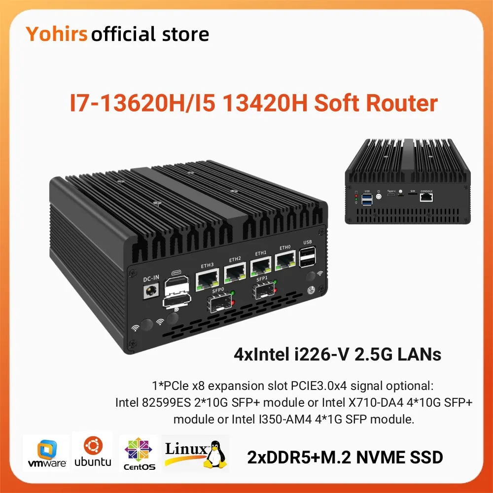 

Industrial Server Proxmox Intel i7 13620H 13420H 8505 2*DDR5 NVMe Linux 4xi226-V 2.5G LAN 4*10G 2x1G SFP+ Firewall Mini PC