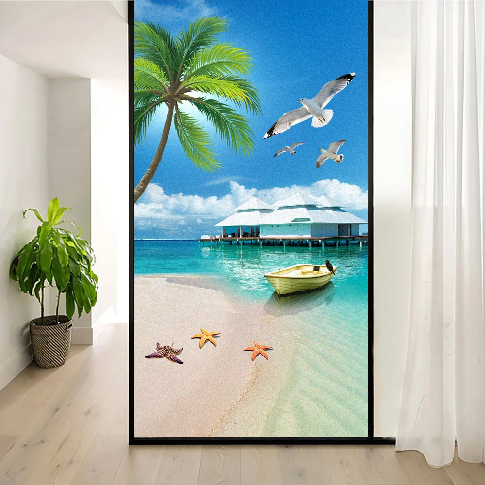 Opaque Window Film Privacy Heat Insulation and UV Blocking Glass Sticker Seaside Scenery Decoration Static Cling Window Tint