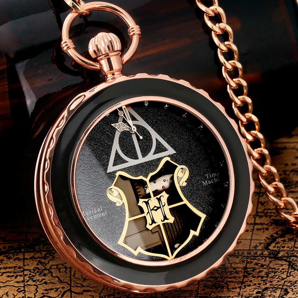 Harrie Potter Deathly Hallows Handicrafts Melody Music Pocket Watch Retro Clock Quartz Necklace Pendant with Chain for Men Women