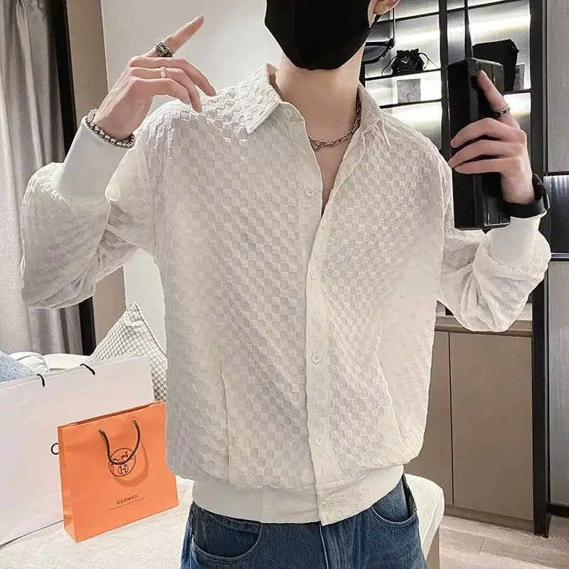 Fashionable Casual Screw Thread Solid Loose Shirts Button Temperament Turn-down Collar Men's Clothing 2023 Spring Summer Tops