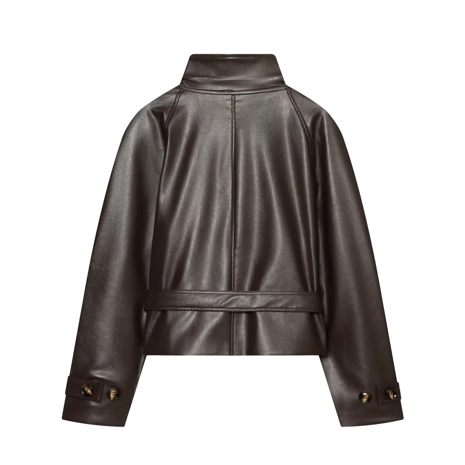 Women's Jacket 2026 Fall/Winter New Faux Leather Fashion Casual Belted Stand Collar Elegant European Street Style Coat