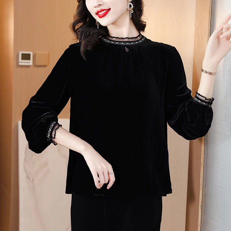 2024 Blue Velvet Long Sleeve O-Neck Top Coats Autumn Winter Black Thick Warm Casual Blouses Women Korean Vintage Luxury Top Coat