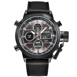 Men Big Brand Chronograph Designer Watches Fashion Leather Band Alarm Stopwatch Multi-function Dual Time Electronic Clock Black