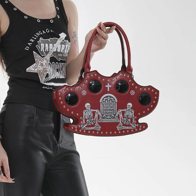 Halloween Totenkopf-Kreuz-Print Umhängetasche, Damen Gothic Nieten-Dekorations-Handtasche, Y2k Mädchen Stilvolle Einzigartige Tragetasche – Detail 6