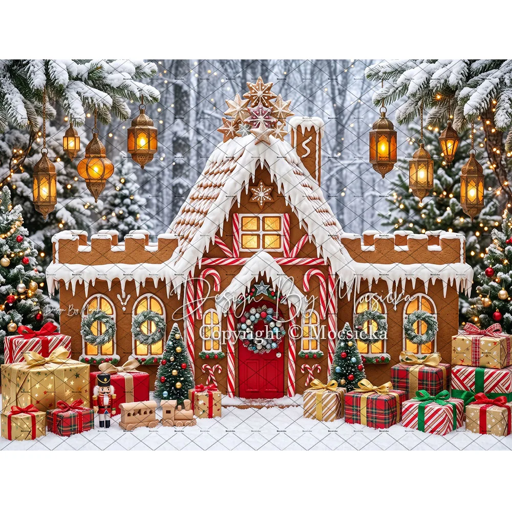 Mocsicka Backdrop Photography Christmas Gingerbread House Children Cookie Xmas Tree Present Snowy Forest Background Studio Photo