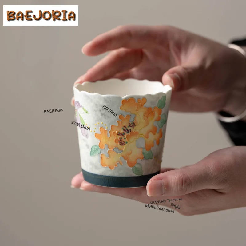 BAEJORIA 180ml Hand-painted Peony Butterfly Teacup Retro Tea Bowl Sample Tea Cup Tea-tasting Smelling Cup Chazhan Master Cups