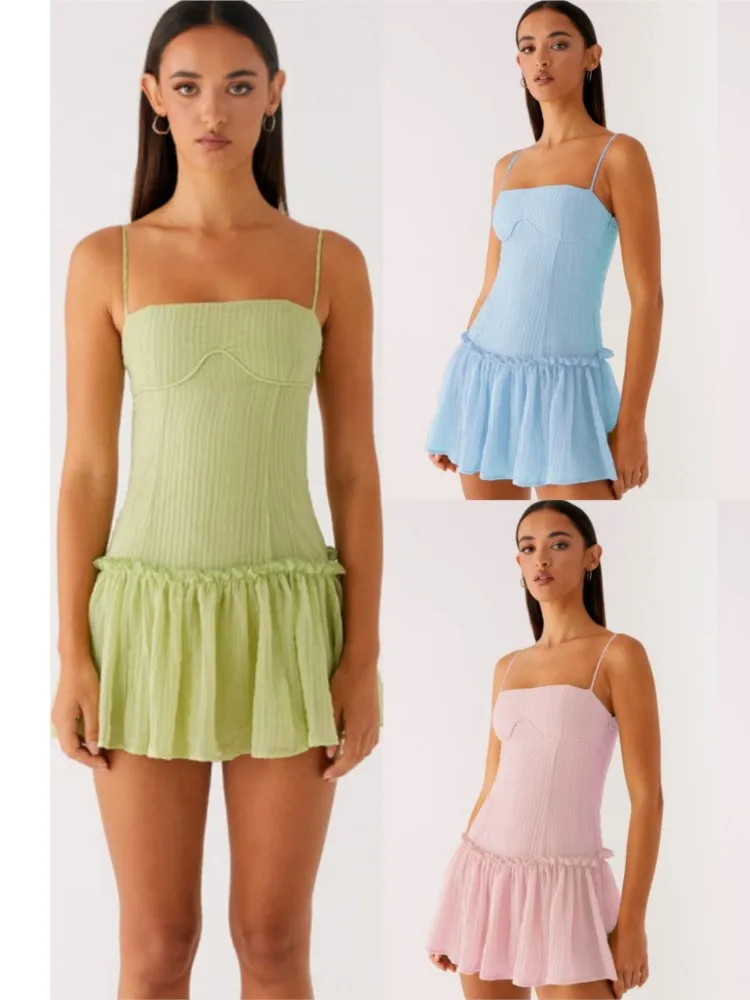 

Slim Dress Vestidos Dresses 2025 Woman Spaghetti Strap Simple Style All-match Beachwear Solid Color Beside The Ear Beach Fashion