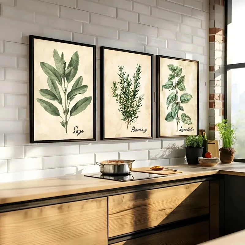 3pcs/Set Vintage Herbalist Herbal Leaf Canvas Poster Wall Art Modern Bedroom Decor, Kitchen Living Room Home Decor, Frameless