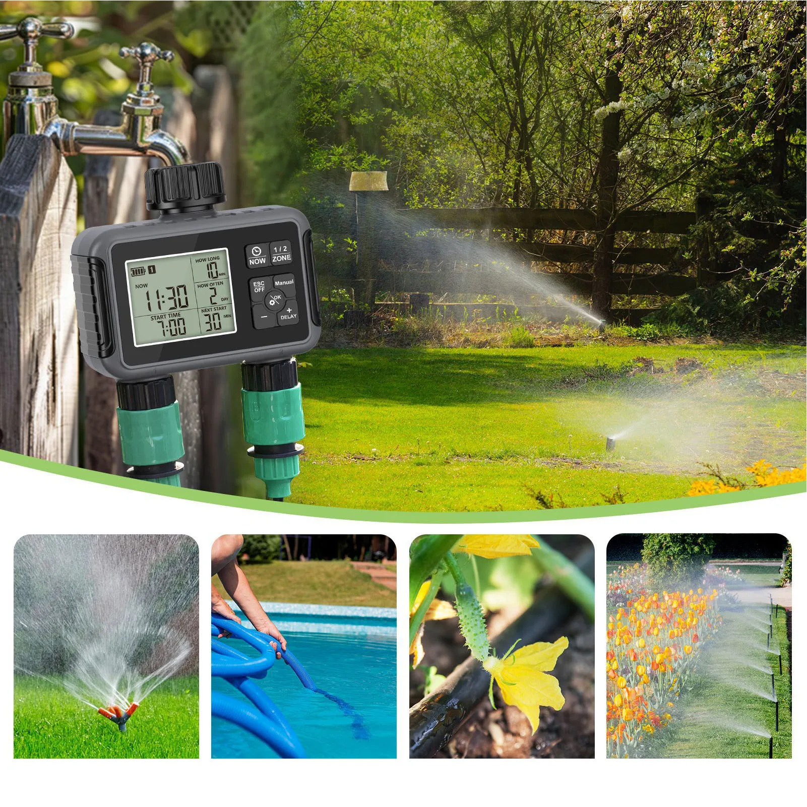 Irrigation Timer Smart Sprinkler Timer Double Outlets Irrigation Timer for Garden Lawn with Rain Delay Automatic Manual Watering