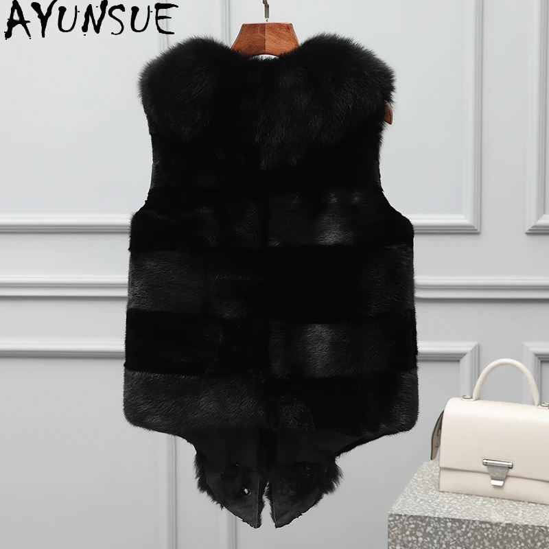 AYUNSUE abrigo de piel de zorro Mujer nueva llegada Chaleco de piel negra Ropa de Otoño Invierno Mujer 2025 Ropa de calle alta para Mujer Ropa de Mujer
