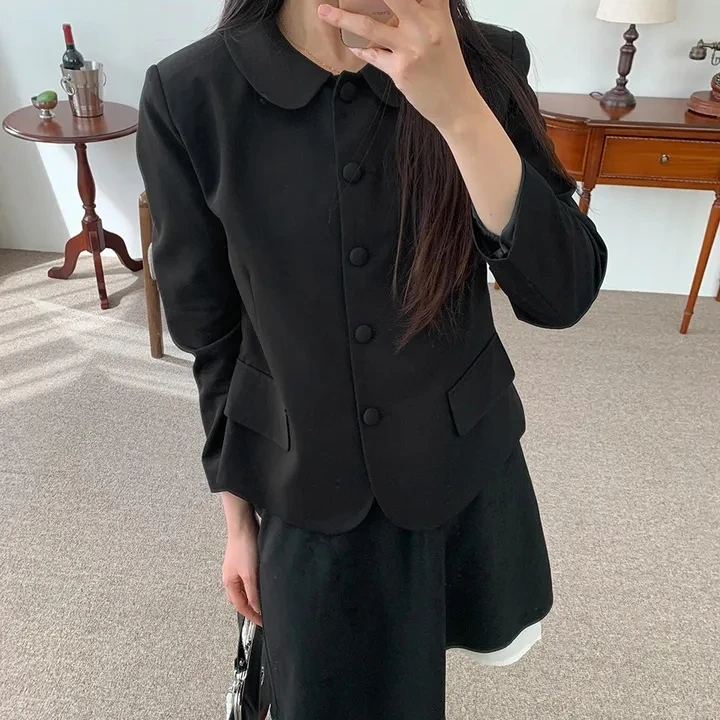 

Chic Spring ort Loose Fit Long Sve Doll Collar Single Button Women's Casual Sli Commute Sle Polyester Fabric