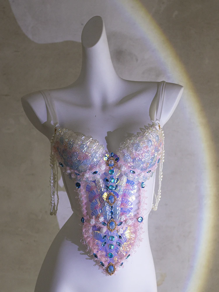 Blue Powder Heavy Industry Princess Scale Corset Women Mermaid Swimsuit Bra Underwater Dress Girl Night Club Bar Performance Set