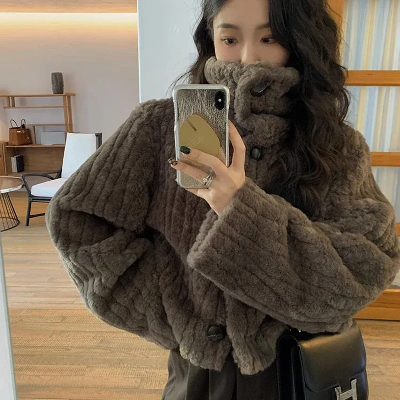 Fashion Korean Warm Fleece Coat Women Harajuku Stand Collar Long Sleeve Lambswool Jacket Female Winter Solid Short Fur Outerwear