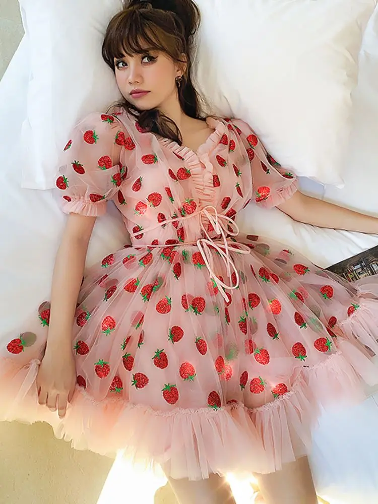 Mini vestido de vacaciones de jardín de fresas, cuello en V, tul con volantes, picardías de princesa personalizado para cumpleaños, corpiño, baile, graduación, vacaciones