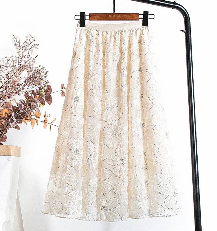 

Ele Lace f Body Gauze Skirt High Waist A-Line Midi Skirt Street Sle Pure Color Summer Faion Women's Premium Skirts